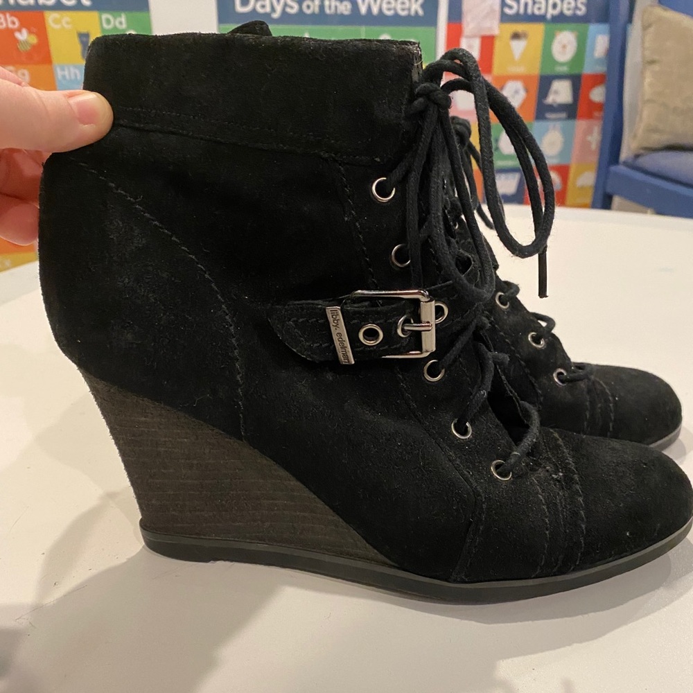Women’s Black Wedge Booties Suede 9 1/2